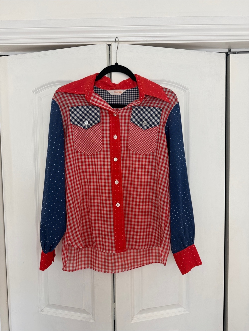 Wrangler Red Navy Polka Dot & Gingham Button-Up Blouse